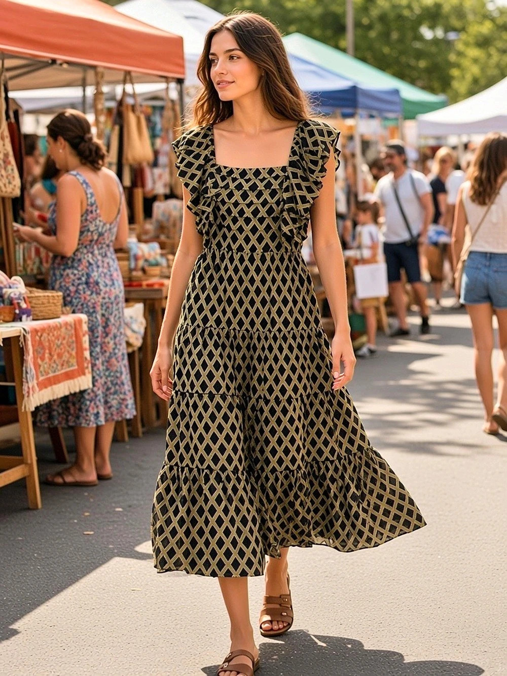 Crown & Ivy Flutter Sleeve Midi Dress Geometric Midi Dress Navy & Green Size